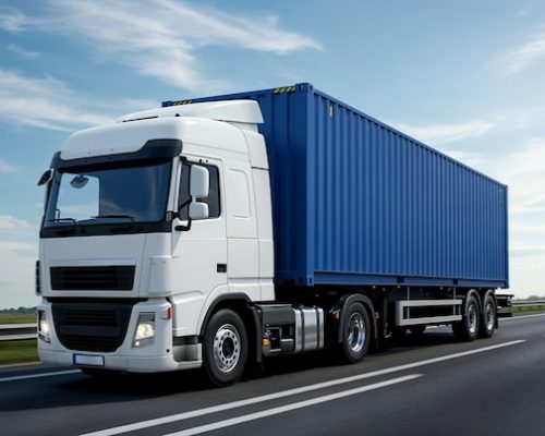 semi-truck-carrying-blue-shipping-container_23-2151998697